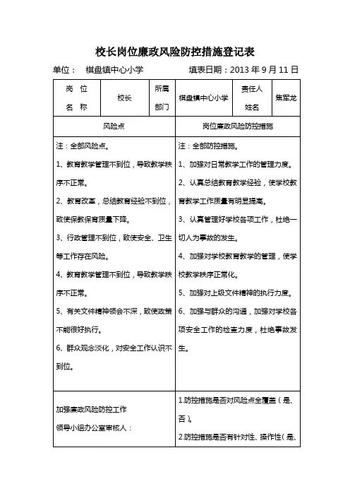 岗位廉政风险防控措施登记表、承诺书、制度集