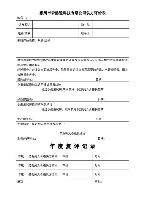 供方评价表填【范本模板】