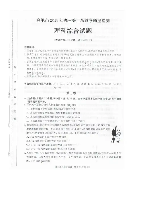 安徽省合肥市2019届高三第二次教学质量检测理科综合试题(图片版)