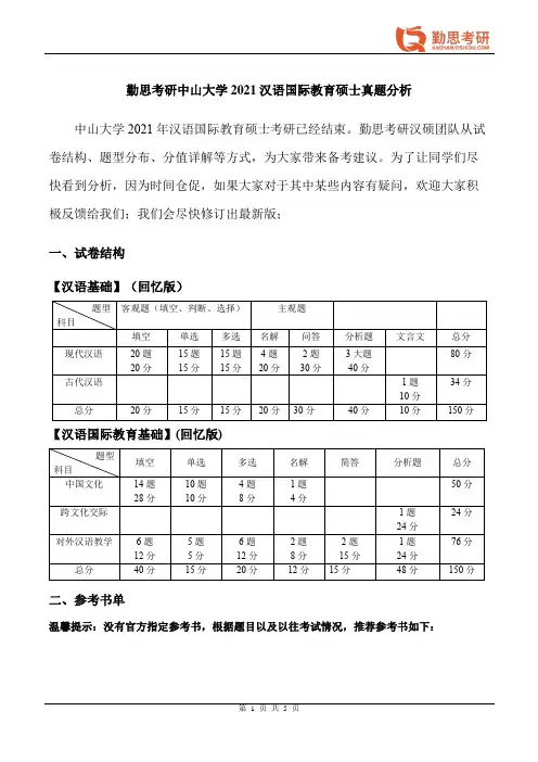 勤思考研2021年中山大学汉语国际教育硕士考研真题分析