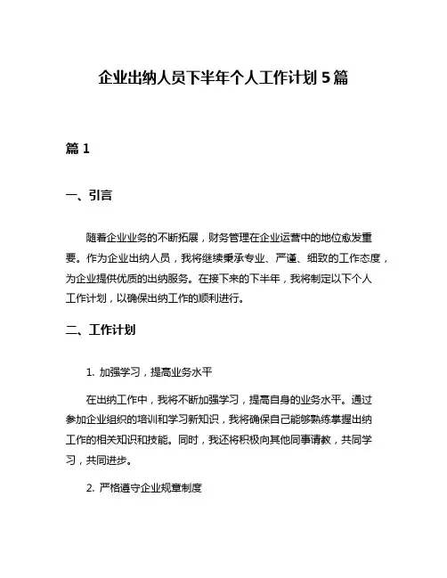 企业出纳人员下半年个人工作计划5篇