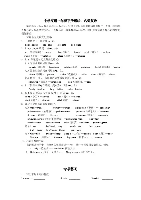 小学英语三年级下册语法(名词复数)