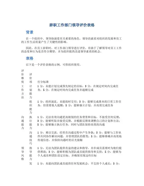 辞职工作部门领导评价表格
