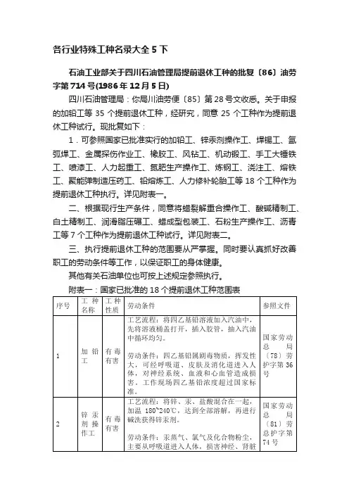 各行业特殊工种名录大全5下