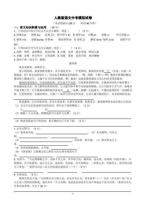 人教版语文中考模拟试卷[答案]