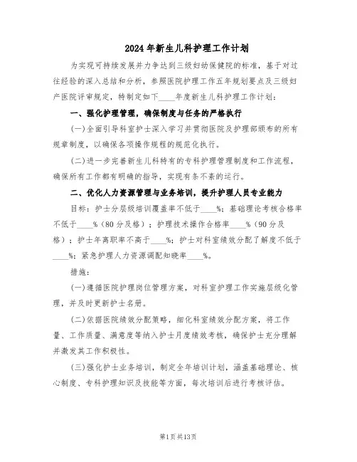 2024年新生儿科护理工作计划（6篇）
