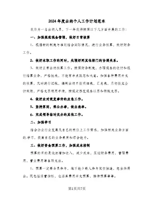 2024年度出纳个人工作计划范本（3篇）