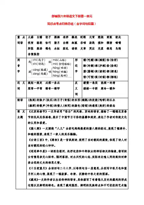 新部编版六年级语文下册第一单元知识点考点总结归纳(含字词中心)
