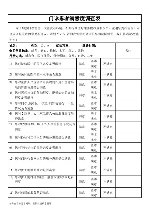 门诊患者满意度调查表