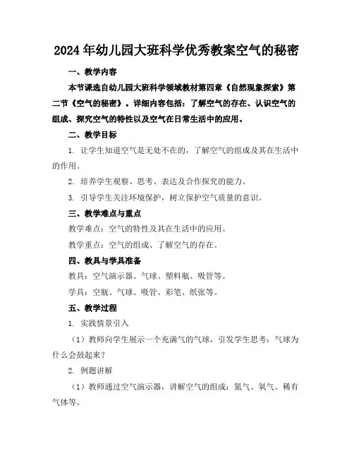 2024年幼儿园大班科学优秀教案空气的秘密