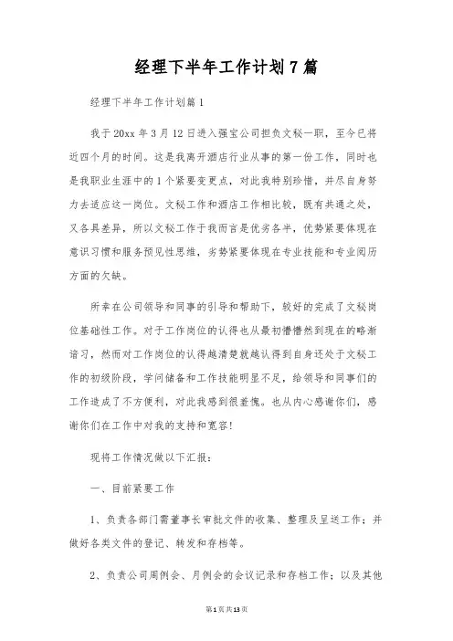 经理下半年工作计划7篇