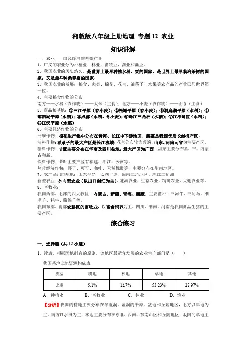 湘教版地理八年级上册期末高分突破 专题12 农业(解析版)