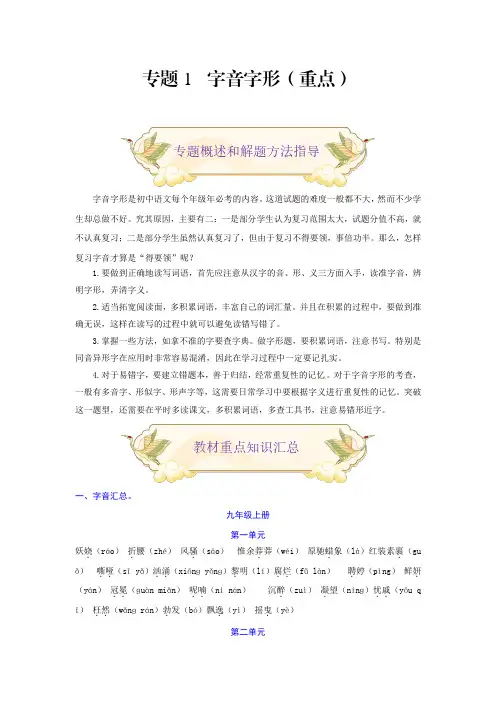 中考九年级语文上册专题1字音字形(重点部编版解析版)