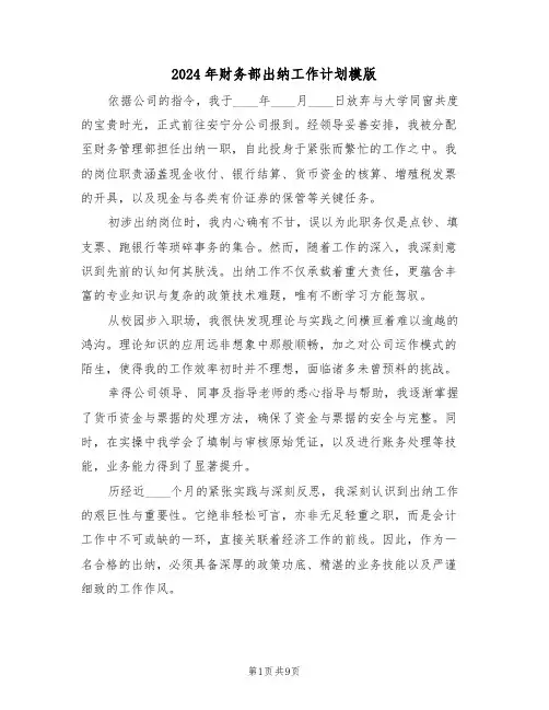 2024年财务部出纳工作计划模版（五篇）