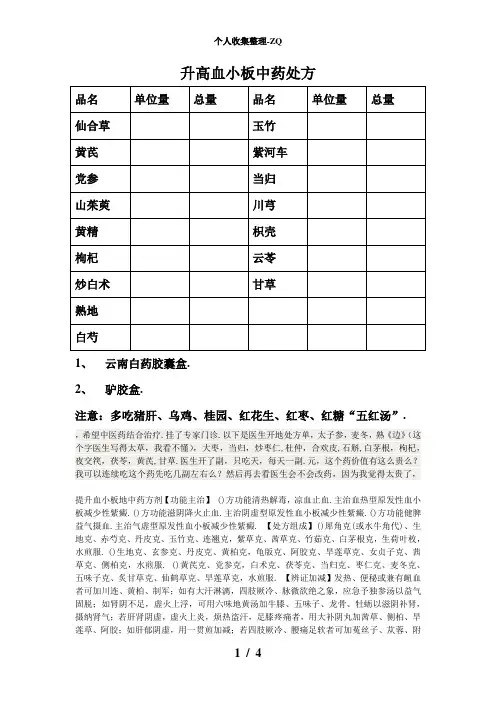 升高血小板中药处方