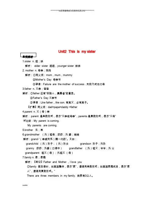 七年级英语上册 Unit 2 This is my sister(单词+重点句型)语法解析