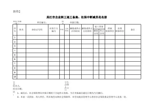 附表2-吴江市企业职工退工备案、社保中断减员花名册