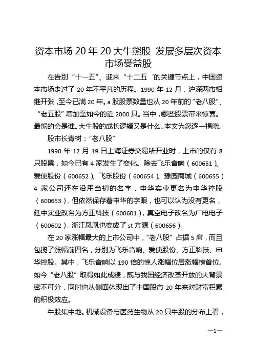 资本市场20年20大牛熊股 发展多层次资本市场受益股
