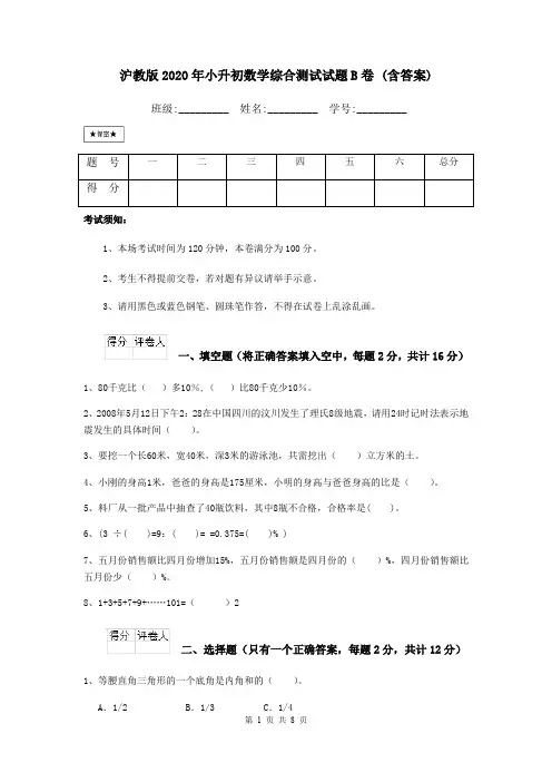 沪教版2020年小升初数学综合测试试题B卷 (含答案)