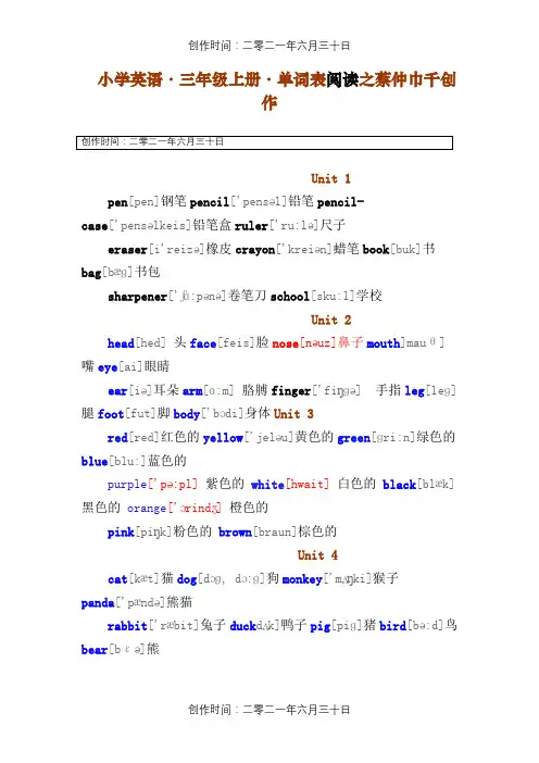 小学三年级英语单词(带音标)