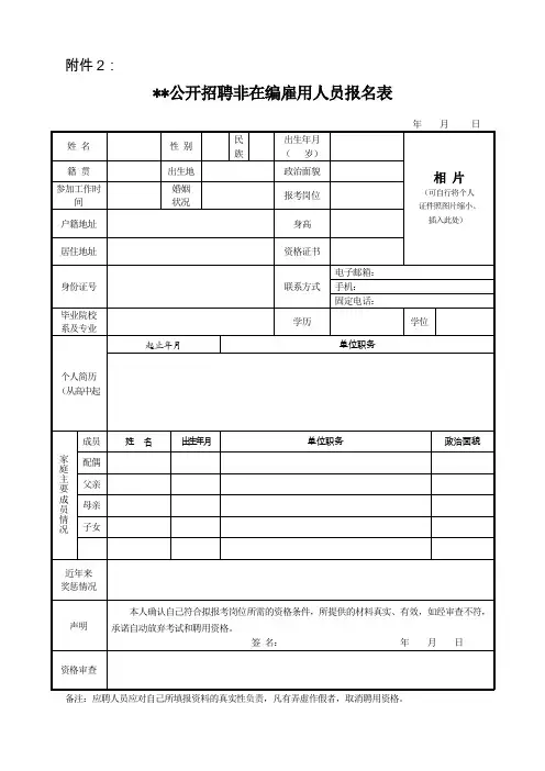 公开招聘非在编雇用人员报名表