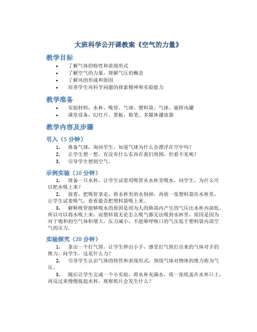 大班科学公开课教案《空气的力量》