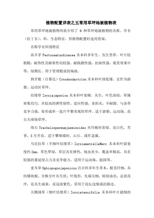 植物配置详表之五常用草坪地被植物表