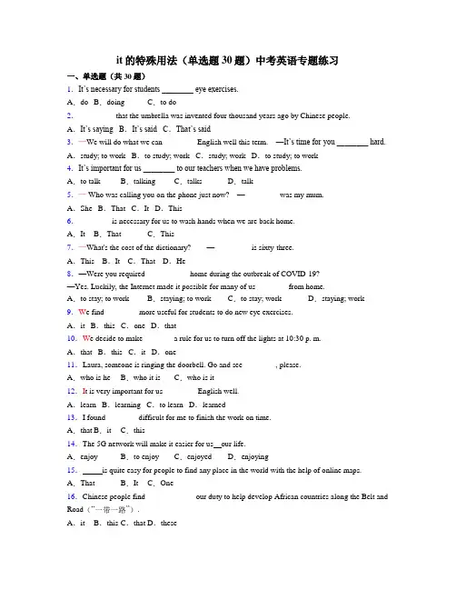 it的特殊用法(单选题30题)中考英语专题练习