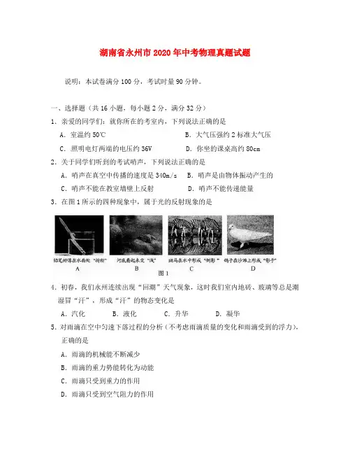 湖南省永州市2020年中考物理真题试题(含答案)