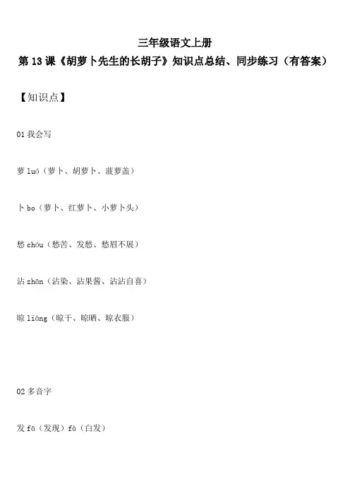 三年级语文上册 第13课《胡萝卜先生的长胡子》知识点总结、同步练习(有答案)