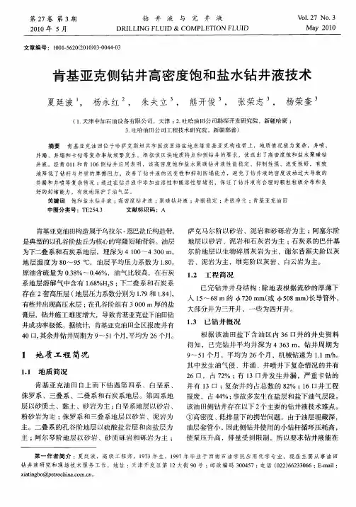 肯基亚克侧钻井高密度饱和盐水钻井液技术