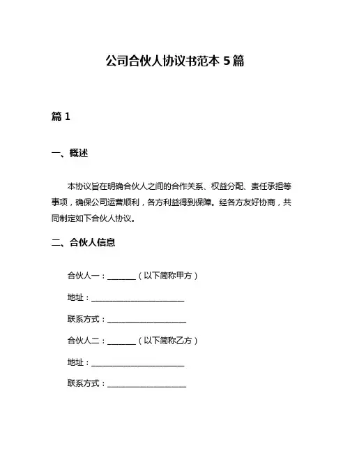 公司合伙人协议书范本5篇