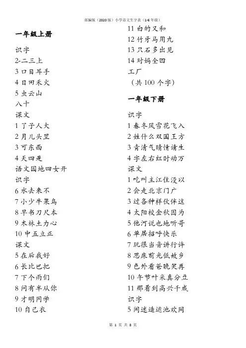 部编版(2020版)小学语文生字表(1-6年级)