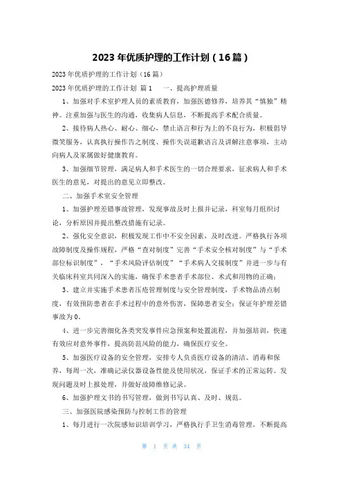 2023年优质护理的工作计划(16篇)