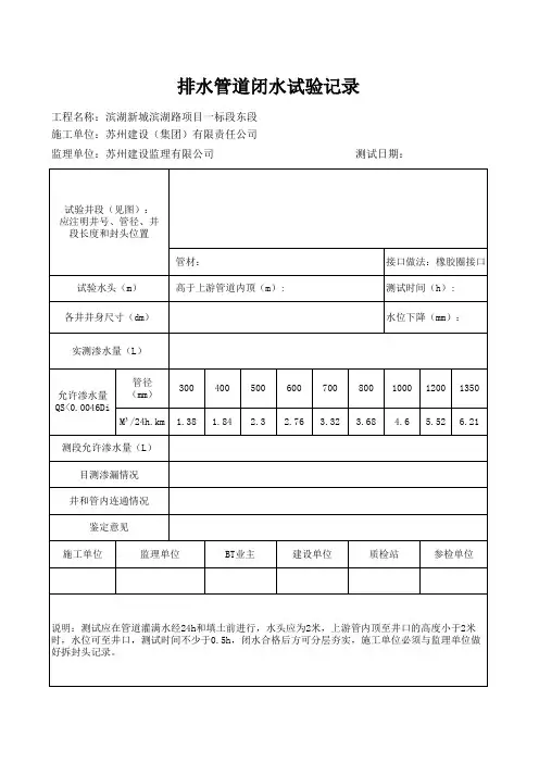 排水管道闭水试验记录