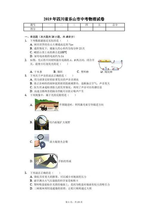 2019年四川省乐山市中考物理试卷(后附答案)