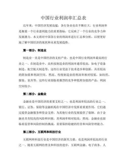 中国行业利润率汇总表