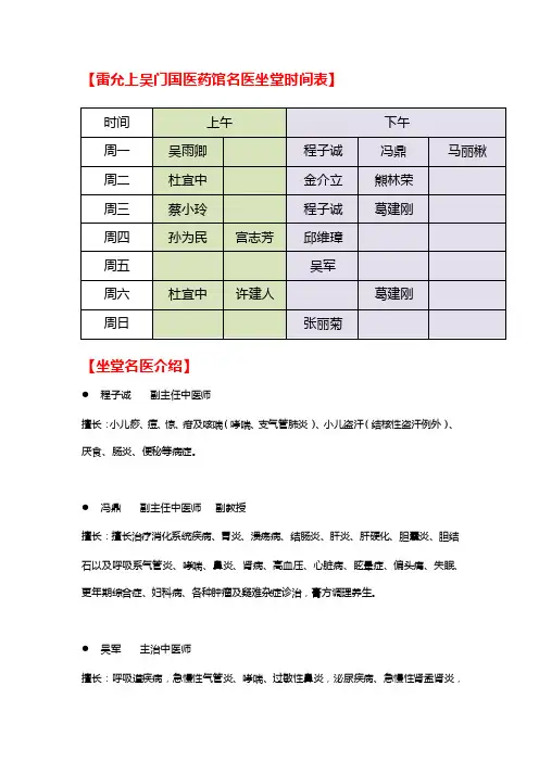 【雷允上吴门国医药馆】医生坐诊表