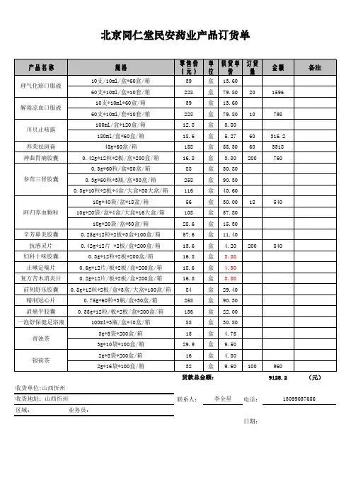 山西忻州全品订货单11