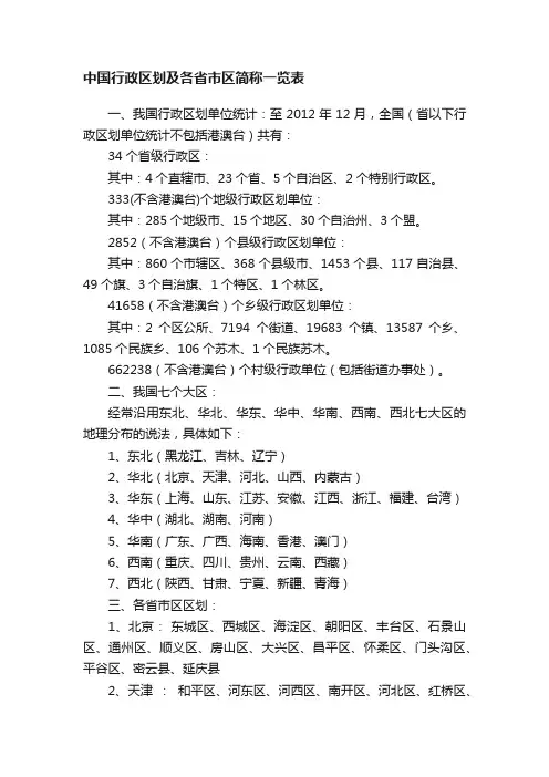 中国行政区划及各省市区简称一览表