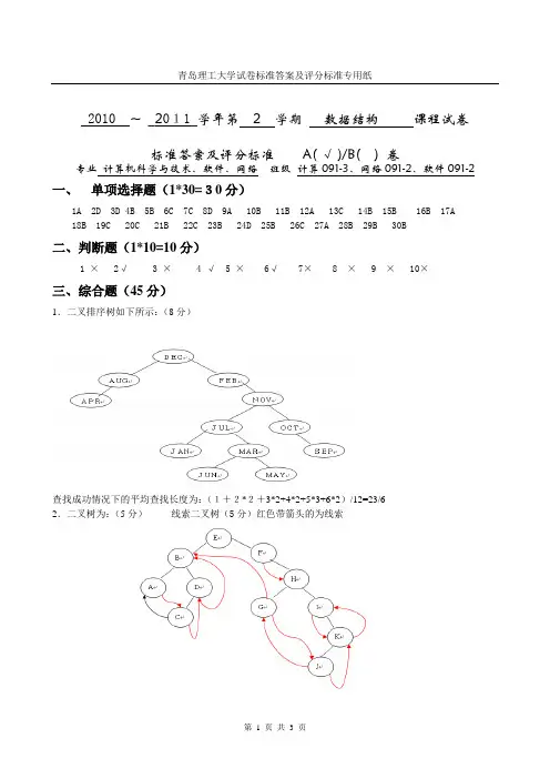 青岛理工大学2011年数据结构A卷考试题答案