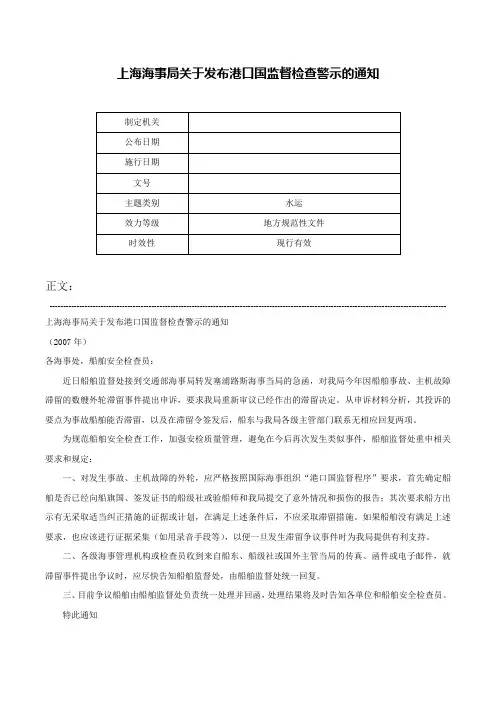 上海海事局关于发布港口国监督检查警示的通知-