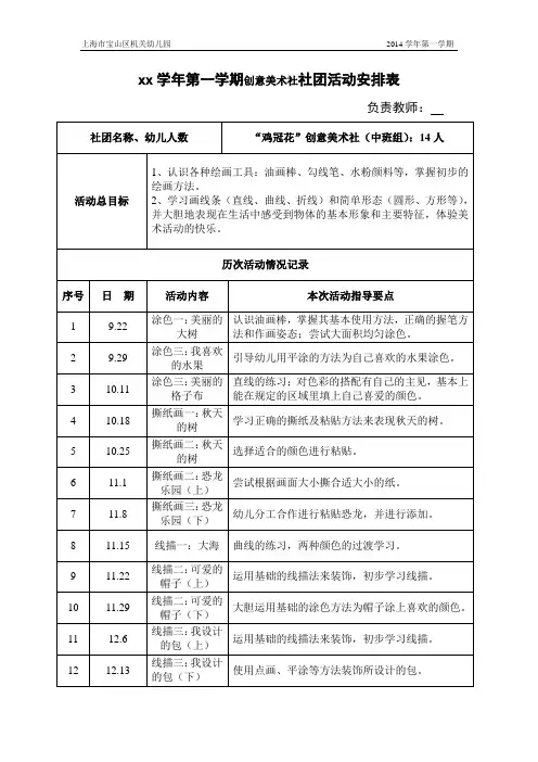 (中班)创意美术社社团活动安排表