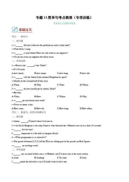 专题13.简单句考点梳理(专项训练)原卷版