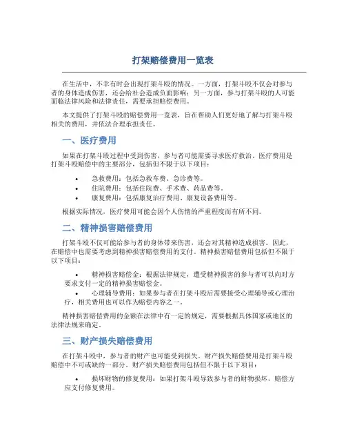 打架赔偿费用一览表