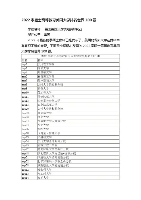 2022泰晤士高等教育美国大学排名世界100强