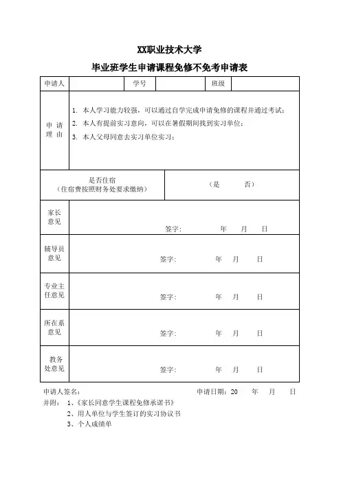 XX职业技术大学毕业班学生申请课程免修不免考申请表