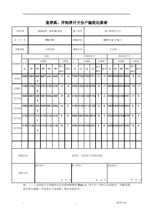 室内净高 、开间净尺寸分户验收记录表(填写范例)