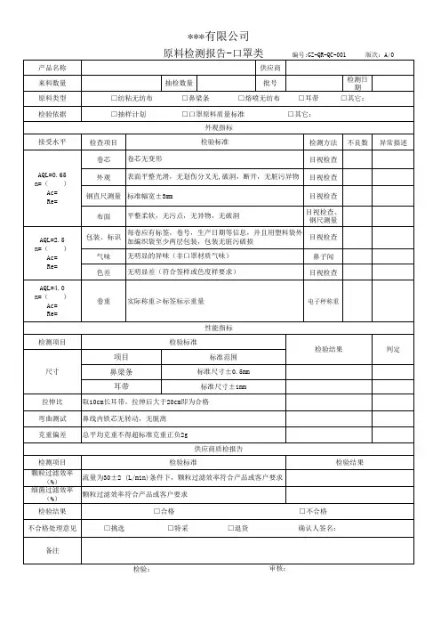 原料检测报告-口罩