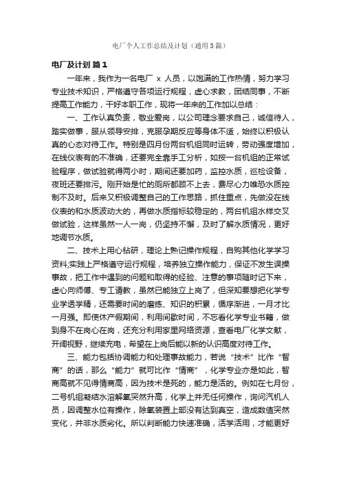 电厂个人工作总结及计划（通用3篇）
